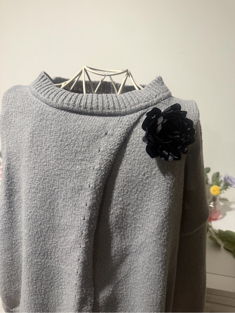 SHEIN Light Gray Crewneck Sweater with Black Floral Brooch - Picture 2 of 10